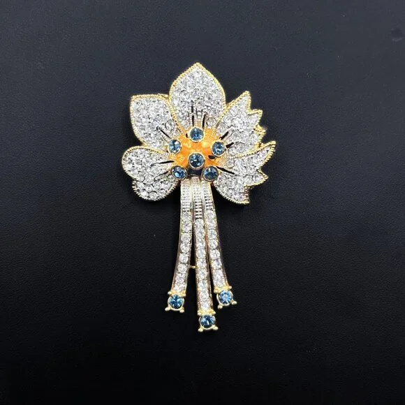 Vintage Flower Brooch Faux Blue Sapphire and Swarovski 18K Elec. Designer Signed - Picture 2 of 9